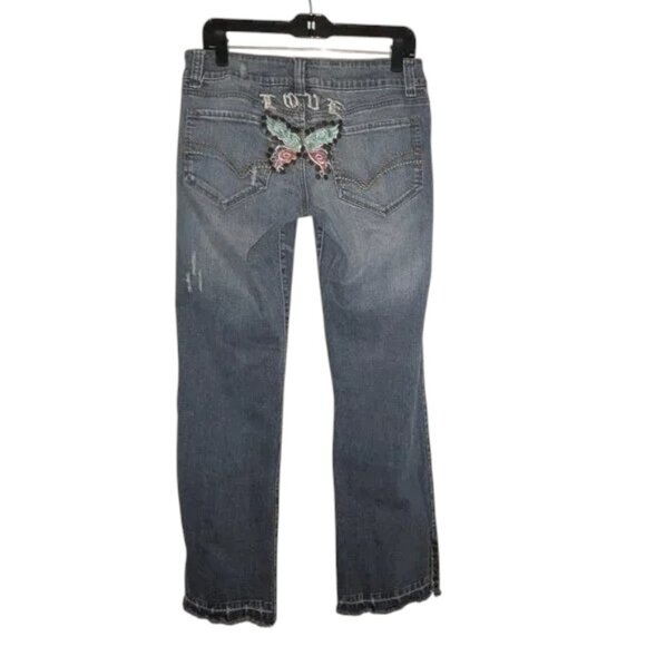 Younique Vintage Retro Bootcut Boot Leg Raw Hem CutOff Butterfly Love Jeans Pant - Picture 2 of 10